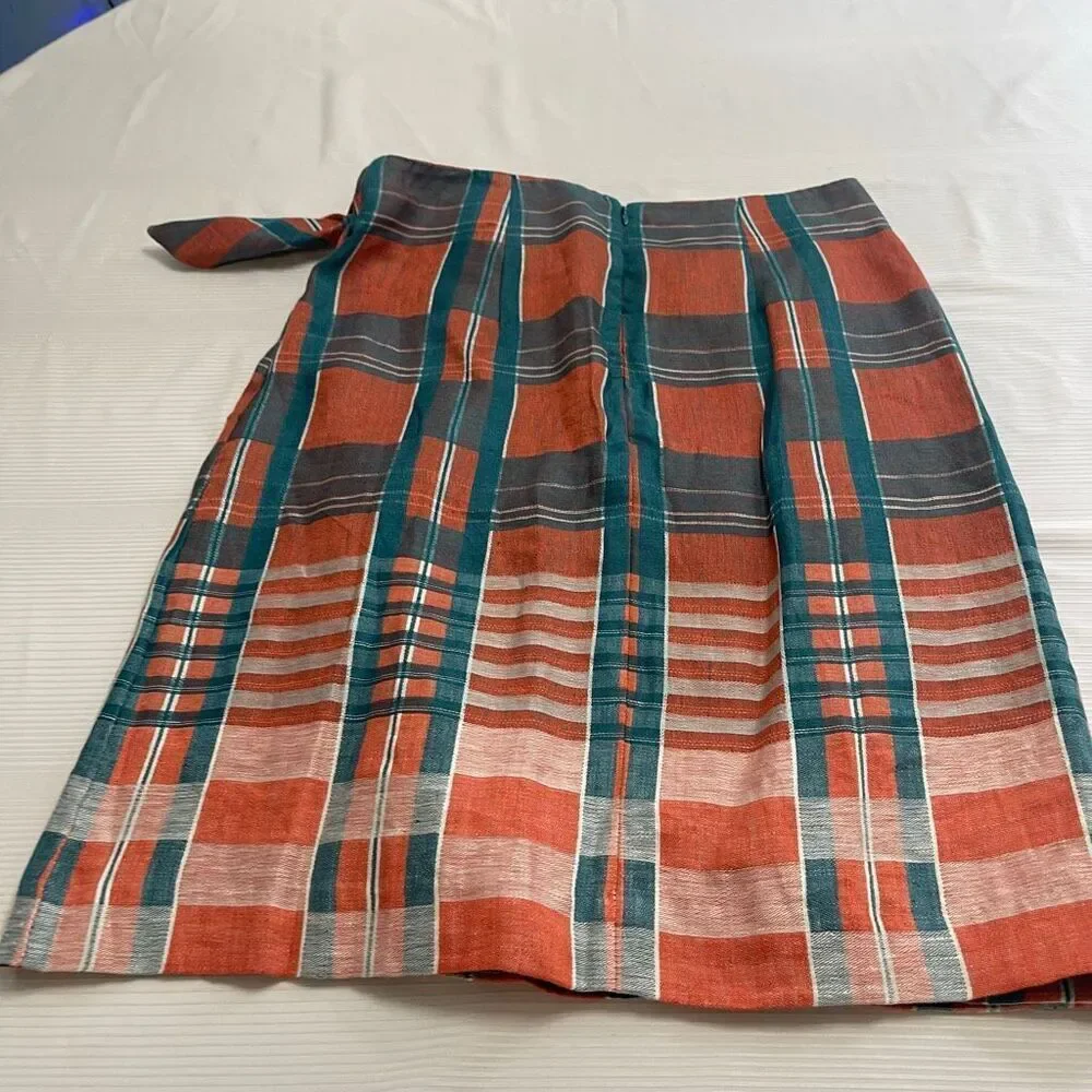 NWT Ann Taylor Plaid Linen Tie Wrap Blue Orange Skirt Size 6 New - Picture 7 of 8
